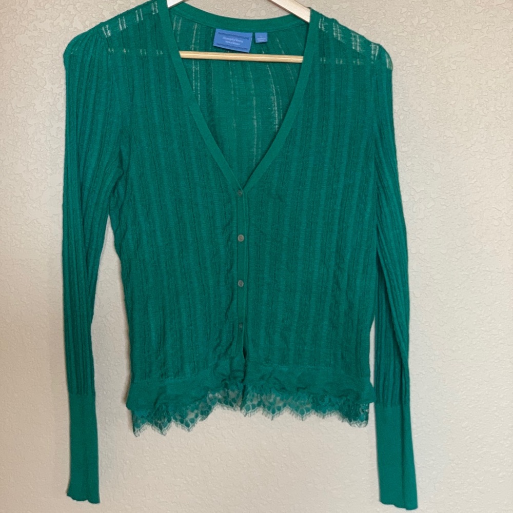 Vera Wang | Green Knit Cardigan Eyelash Lace